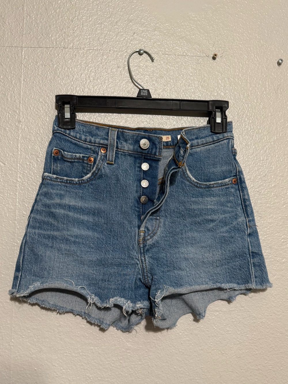 Levis Ribcage Classic High-Rise Blue Raw Hem Denim Shorts